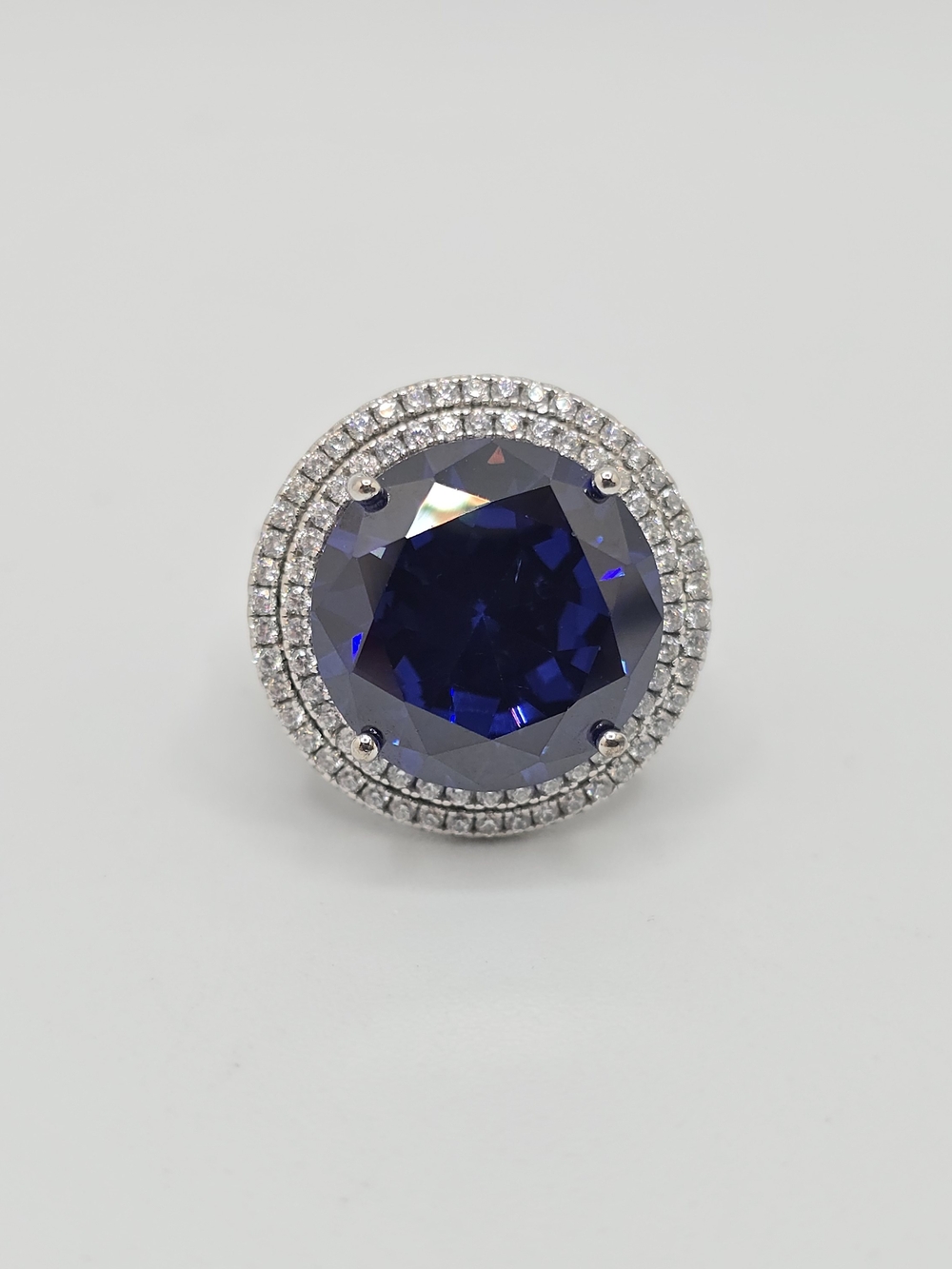 Sterling Silver Cocktail Ring Round Blue Stone Double Halo CZ Size 5